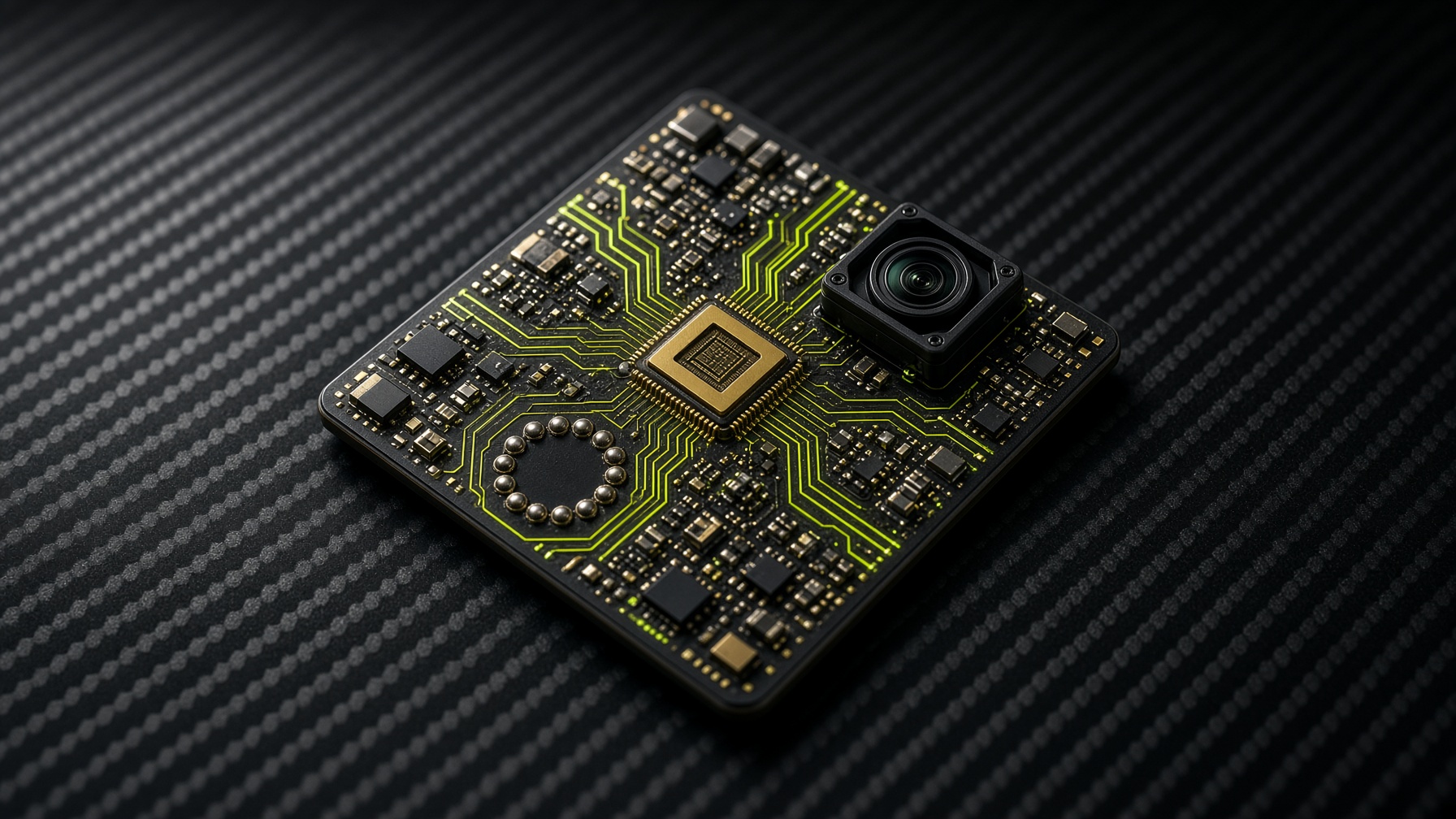 A custom AI chip board with a camera and sensor array